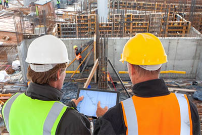 deux hommes casqués sur un chantier regardant une tablette