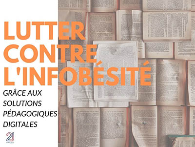 arrière-plan avec des livres ouverts et le texte Lutter contre l’infobésité