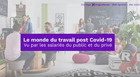 image de fond avec des personnes qui discutent et texte Le monde du travail post Covid-19 vu par les salariés du public et du privé