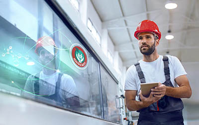 Homme en tenue de travail avec un casque rouge et logo Health & Safety